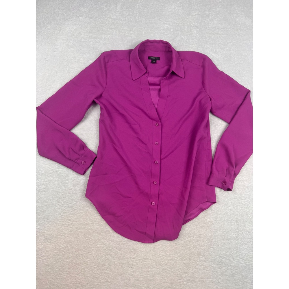 Ann Taylor Petite Magenta Purple Button Down Blouse XXSP Long Sleeve Top